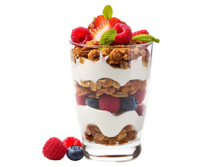 a glass of yogurt with cereal and berries