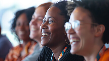 Obraz premium A close shot of a happy and entertained group of employees gathered to listen to a presentation at a business exhibition.