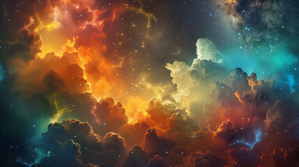 Obraz premium A fairy-tale scenery of clouds, where the extraordinary beauty of the rainbow and the shining Milky Way create a harmony of colors and lights.