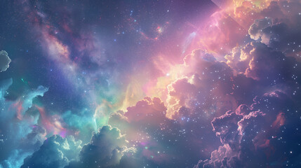Obraz premium A fairy-tale scenery of clouds, where the extraordinary beauty of the rainbow and the shining Milky Way create a harmony of colors and lights.