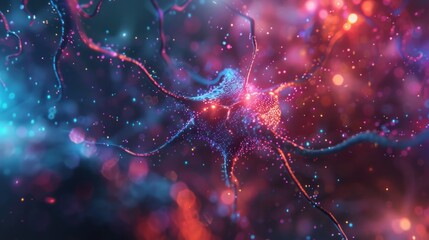 Neuron cells sending electrical chemical signals. Realistic shot of An illustration showing the closeup view of an isolated neurons with colorful lighting and detailed textures, Medical reference