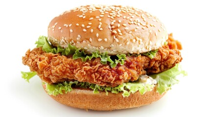 A tasty and succulent fried chicken sandwich topped with crisp lettuce on a sesame seed bun set against a white backdrop Ideal for a convenient meal or a fulfilling treat