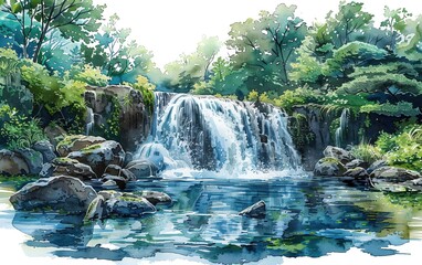 Fototapeta premium Serene watercolor painting of a cascading waterfall in a lush green forest, reflecting in the clear blue water below.