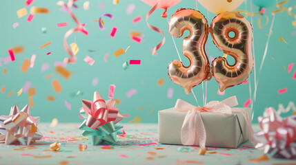 The thirty-ninth birthday is a special day, so a gift in an elegant box with a balloon in the shape of the number 39, colorful confetti and bows on a delicate background of pastel colors