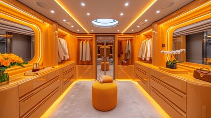 Chic walk in closet with luxurious design and elegant brown wooden built in wardrobe