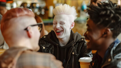 A group of friends enjoy each others company, laughing and smiling over coffee. The scene exudes joy, friendship, and warmth in a lively, cozy setting