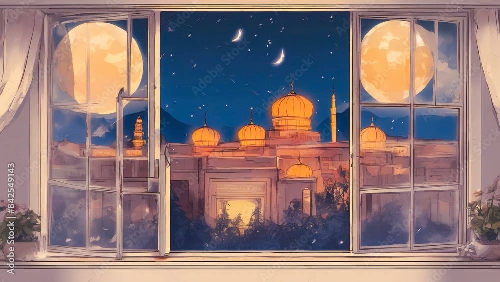 Poster window in the night with a window
