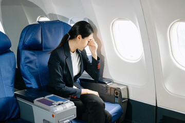 Photo of a frustrated woman sitting on an airplane with her head in her hands. Asian woman sitting