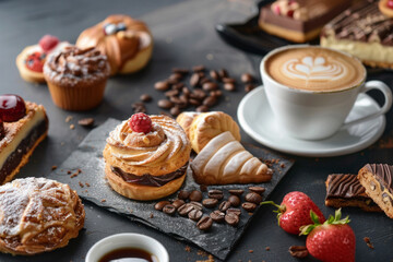 A delicious dessert spread with various pastries and a cup of coffee, showcasing a perfect pairing