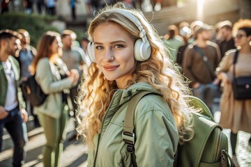 Naklejka premium Music lover. A young beautiful curly-haired woman with a backpack in the background of the street and people. A tourist girl listens to music with headphones and walks around the city.