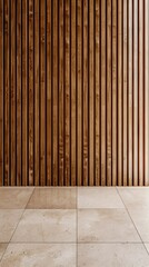 A wall with vertical wooden slats and beige floor in minimalist interior design style Background for product presentation