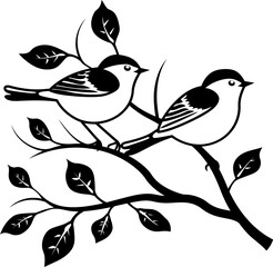 Birds on branch with leaves silhouette in black color. Vector template design art.