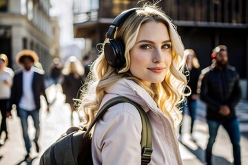 Naklejka premium Music lover. A young beautiful curly-haired woman with a backpack in the background of the street and people. A tourist girl listens to music with headphones and walks around the city.