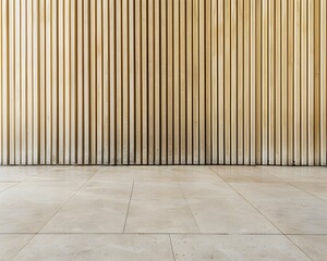 A wall with vertical wooden slats and beige floor in minimalist interior design style Background for product presentation