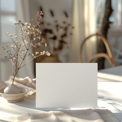 Minimalistic blank card displayed on a table with dried flowers and soft natural lighting in a cozy, serene setting.