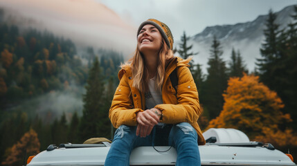 Happy Young Woman Enjoying Outdoors, Breathing Fresh Air During Camping Adventure, Sitting on Roof of Camper Truck Roof Top