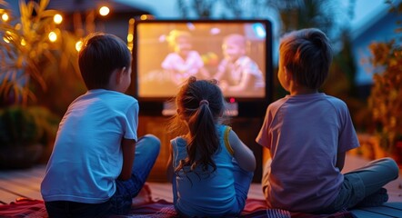 Obraz premium A cozy evening with family and friends watching a movie outdoors.