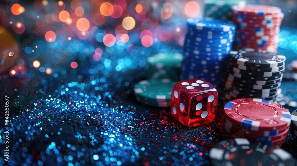 Wall mural abstract background with elements of a casino, featuring a roulette wheel, dice, and chips in blue t - Wall murals