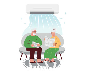 An elderly couple sits on a sofa under the air conditioning system. Cooling of summer rooms