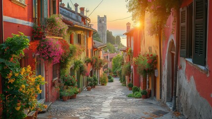 Fototapeta premium Sunlit Cobblestone Alley with Flowering Houses in a Picturesque European Village