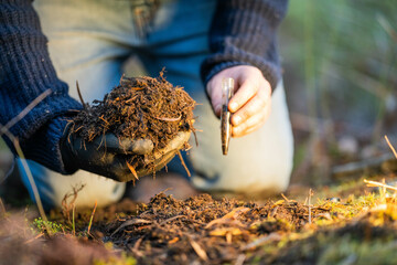soil falling around a test tube collecting a soil sample in a paddock on a farm. scientist studying...