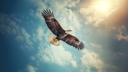 Obraz premium a majestic bald eagle flying on blue sky background