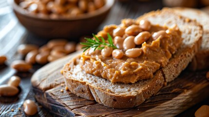Hearty and traditional dish of baked beans on toast, a staple of home-cooking, served on a rustic...