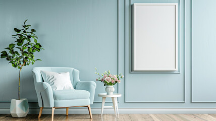 A white vertical picture frame on the wall of an elegant living room