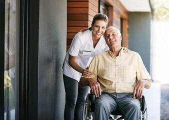 Senior, man and caregiver portrait in wheelchair, person with disability and wellness care or...