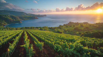 Fototapeta premium Scenic vineyard overlooking the ocean at sunset, with lush green fields and a breathtaking coastal view.