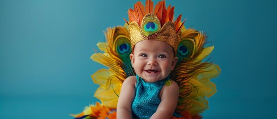 Fototapeta premium A baby girl wearing a colorful peacock feather costume smiles at the camera.