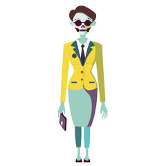 Skeleton woman business attire carrying wallet. Female skeletal character dressed professional yellow blazer blue skirt. Day Dead theme, businesswoman figure, Dia de los Muertos celebration costume