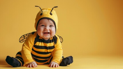 A cute baby in a bee costume smiles and sits on a yellow background.
