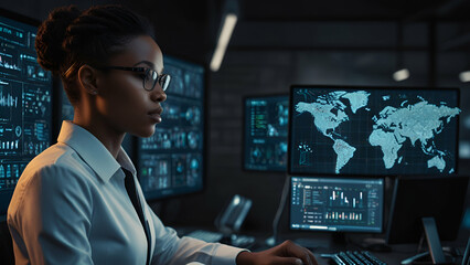 A focused businessman types away on his laptopsurrounded by papers in a bustling office driven by ambition and determination.
