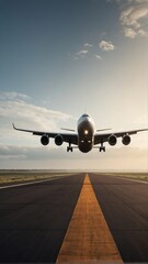 Rendering of a cargo plane taking off from a runway at the airport against the horizon.