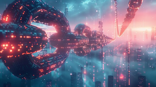 A futuristic city illuminated by neon lights with a large, glowing spaceship hovering overhead.