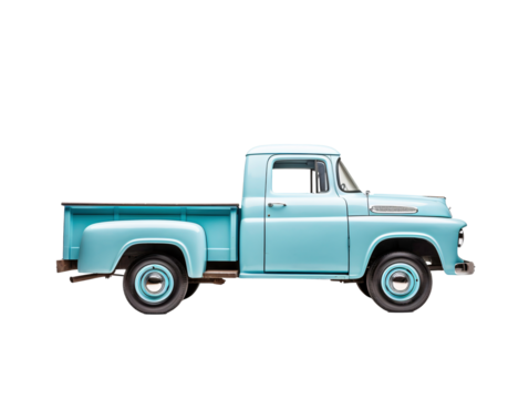 a blue truck with black tires