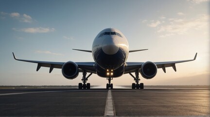 Rendering of a cargo plane taking off from a runway at the airport against the horizon.
