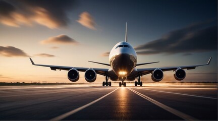 Rendering of a cargo plane taking off from a runway at the airport against the horizon.