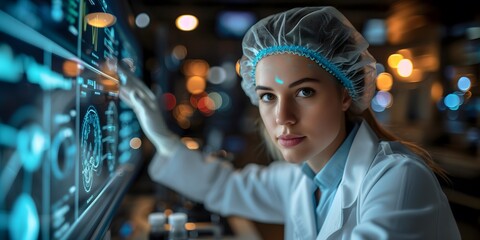 Researchers working in the clinical laboratory,extreme close up of a womans face, a photo of A woman in a white coat, hair net and mask is working on lab equipment while holding up an electronic devic