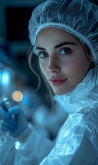 Researchers working in the clinical laboratory,extreme close up of a womans face, a photo of A woman in a white coat, hair net and mask is working on lab equipment while holding up an electronic devic