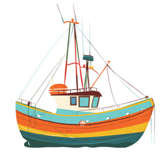 Brightly colored fishing boat isolated white, orange, green, blue hull, equipped commercial fishing trips. Cartoon style artwork fishermans boat, complete masts, ropes, antennas. Nautical vessel