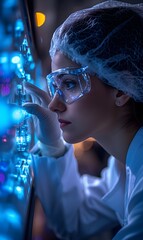 Researchers working in the clinical laboratory,extreme close up of a womans face, a photo of A woman in a white coat, hair net and mask is working on lab equipment while holding up an electronic devic