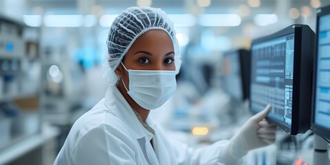 Researchers working in the clinical laboratory,extreme close up of a womans face, a photo of A woman in a white coat, hair net and mask is working on lab equipment while holding up an electronic devic