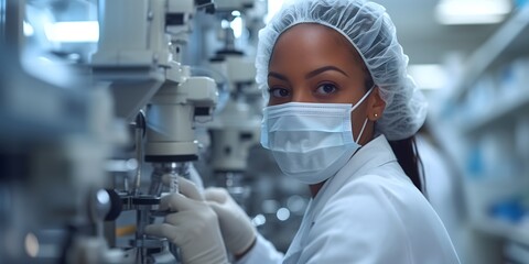 Researchers working in the clinical laboratory,extreme close up of a womans face, a photo of A woman in a white coat, hair net and mask is working on lab equipment while holding up an electronic devic