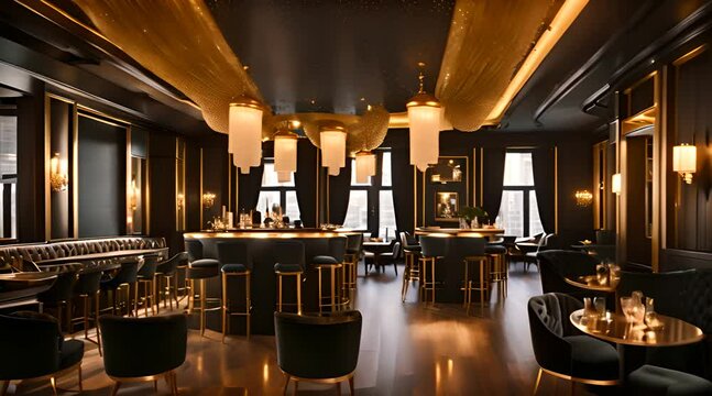 Bar table with luxury black bar stools. Luxury loft lounge bar interior