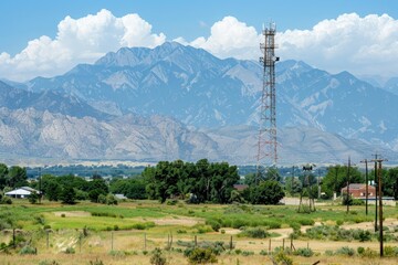 Obraz premium A communication tower stands tall in a rural setting with a backdrop of majestic mountains.