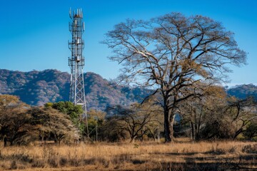 Obraz premium A tall communication tower stands tall in a rural setting, surrounded by trees with bare branches and a mountainous backdrop.