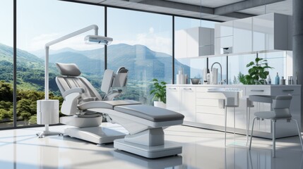 Contemporary dental clinic featuring central white chair in well lit sterile setting