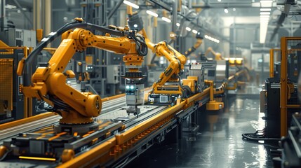 Industry 4.0 in action within a smart factory with machinery, and robotics in a futuristic industrial setting. Innovation, engineering, and interconnected systems